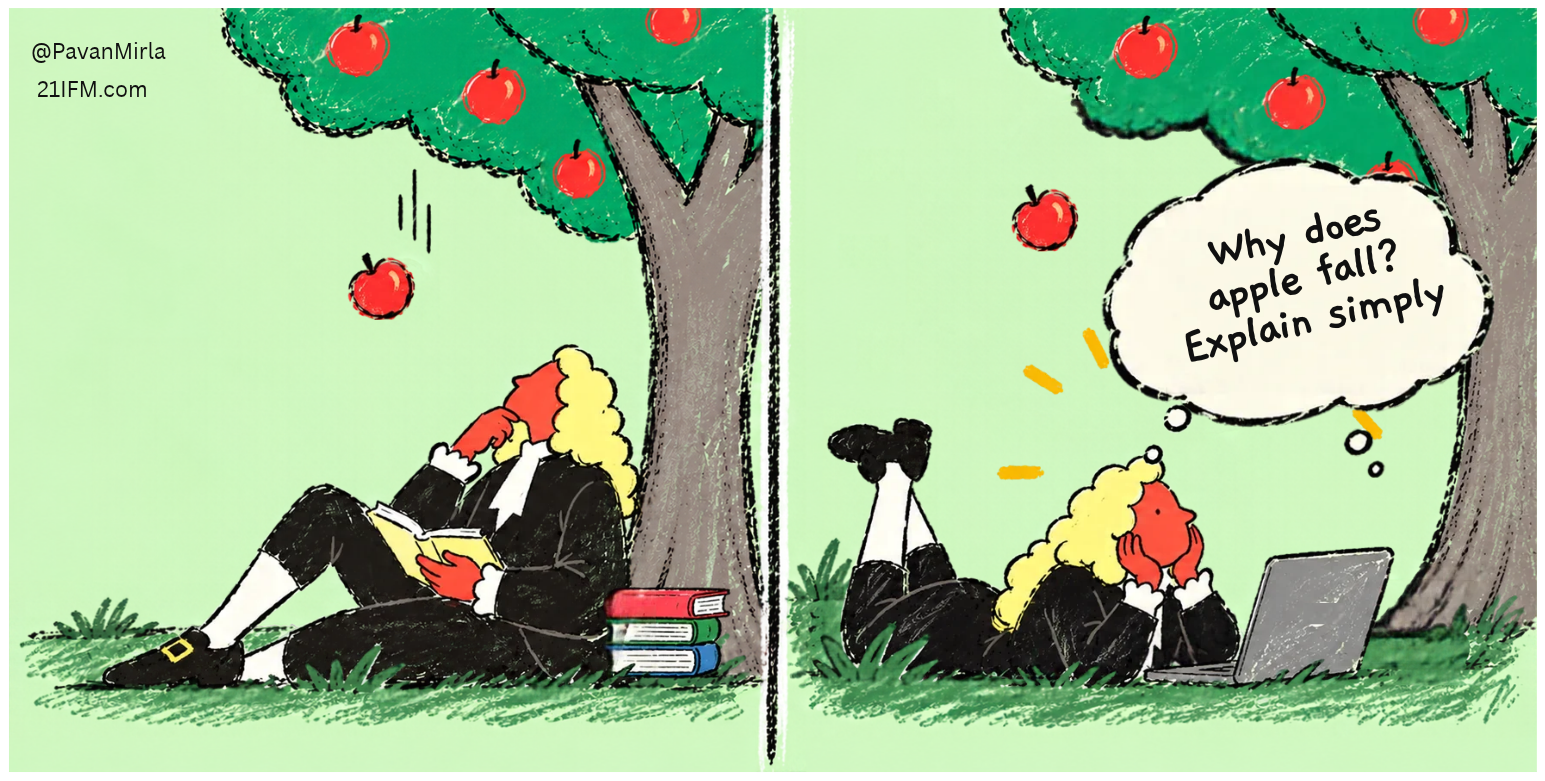 Newton observes a falling apple, then asks AI why it falls.