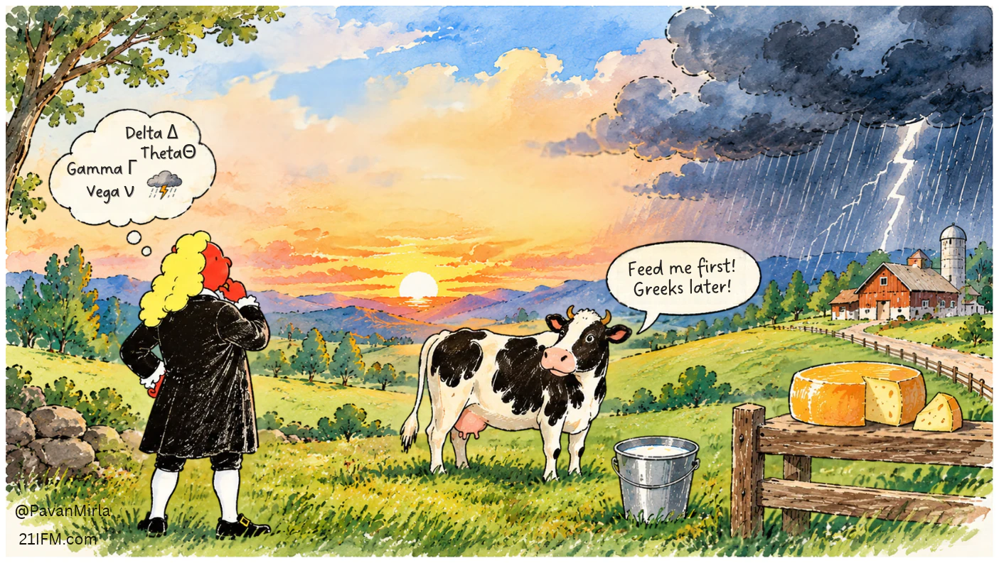 Newton thinks about Delta, Theta, Gamma and Vega while a cow says, “Feed me first! Greeks later!”