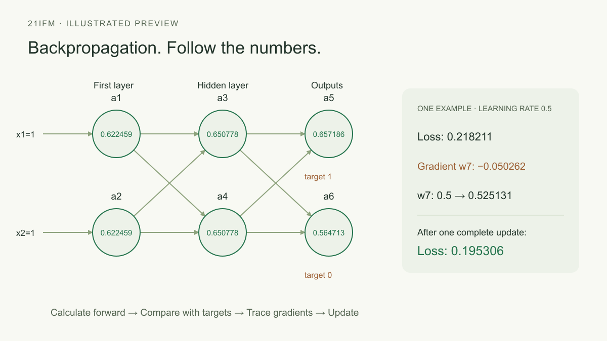 Illustrated numerical network with loss 0.218211 and a gradient update reducing it to 0.195306